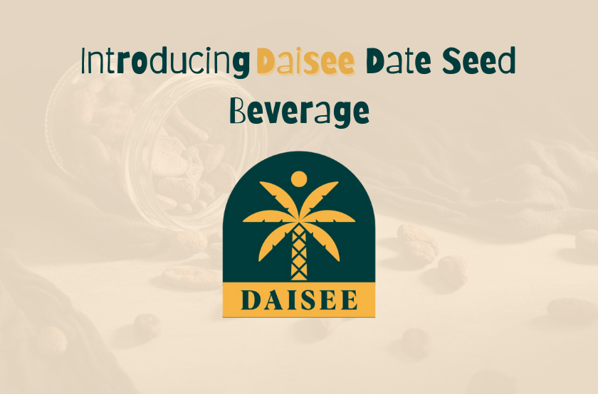 Introducing Daisee date seed beverage with palm tree logo, showcasing a natural Date Seed Coffee alternative made from roasted date seeds.