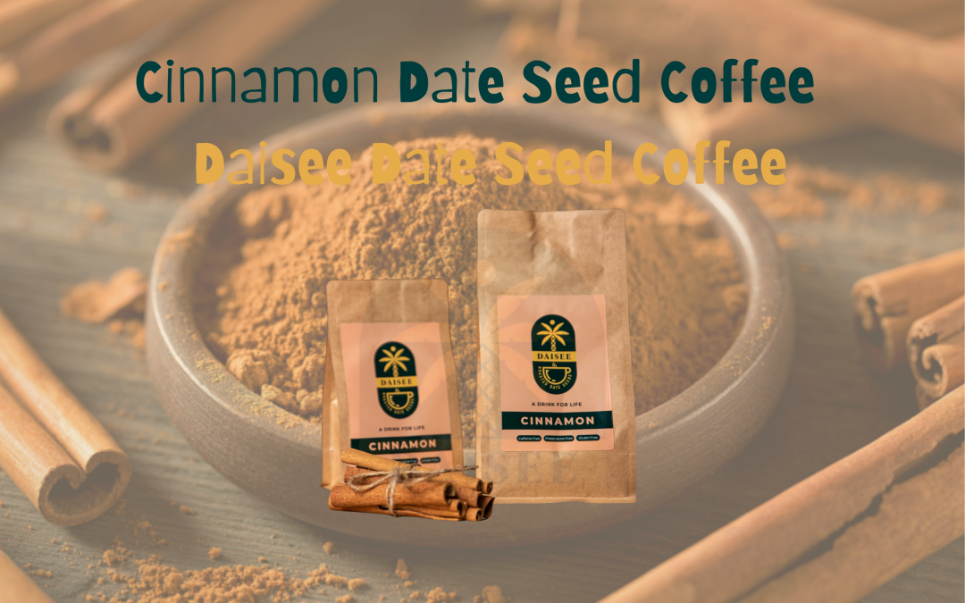 Feature image titled: Buy Cinnamon Date Seed Coffee Australia - with a semi transparent cinnamon background and on display Daisee Group's Cinnamon Date seed coffee packages in both small and large size.