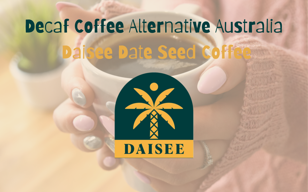 Decaf coffee alternative Australia made from roasted date seeds, shown as a warm cup of Daisee Date Seed Coffee held in hands.